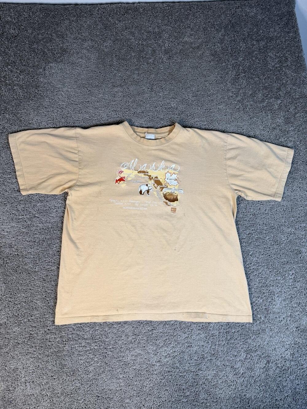 Norwegian Cruise Line Shirt Mens XL Beige Alaska Cruise Graphic Crew Neck Cotton